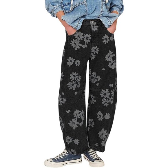 Denim - Women's Baggy Wide Leg Denim Pants Floral Prints High Rise Casual jeans
